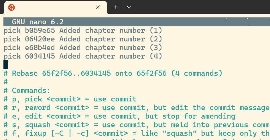 The terminal showing the default interactive rebase text