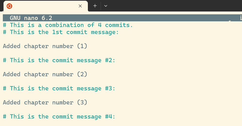 The terminal with the previous commit messages