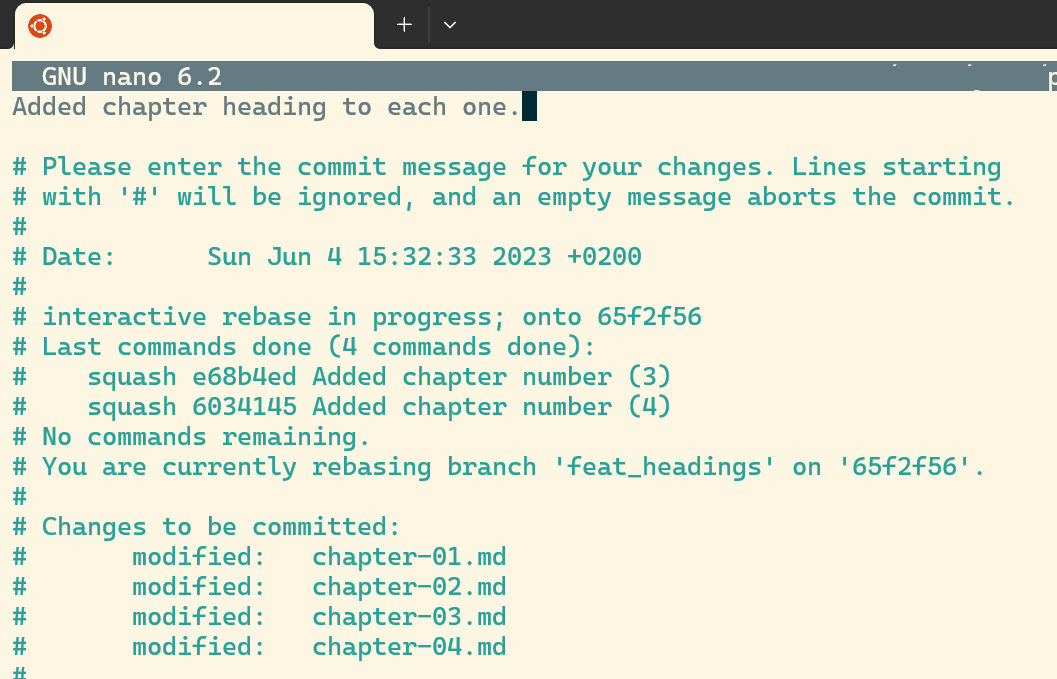 The terminal with the new commit message